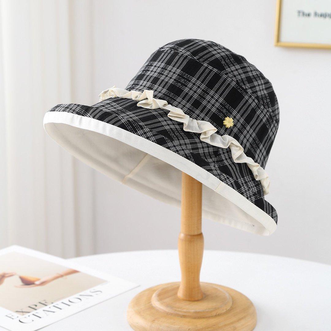 

Women s New Spring Summer Plaid Bucket Hat, Rolled Brim Lace Decor, Casual Travel Hat 56-58cm чорний