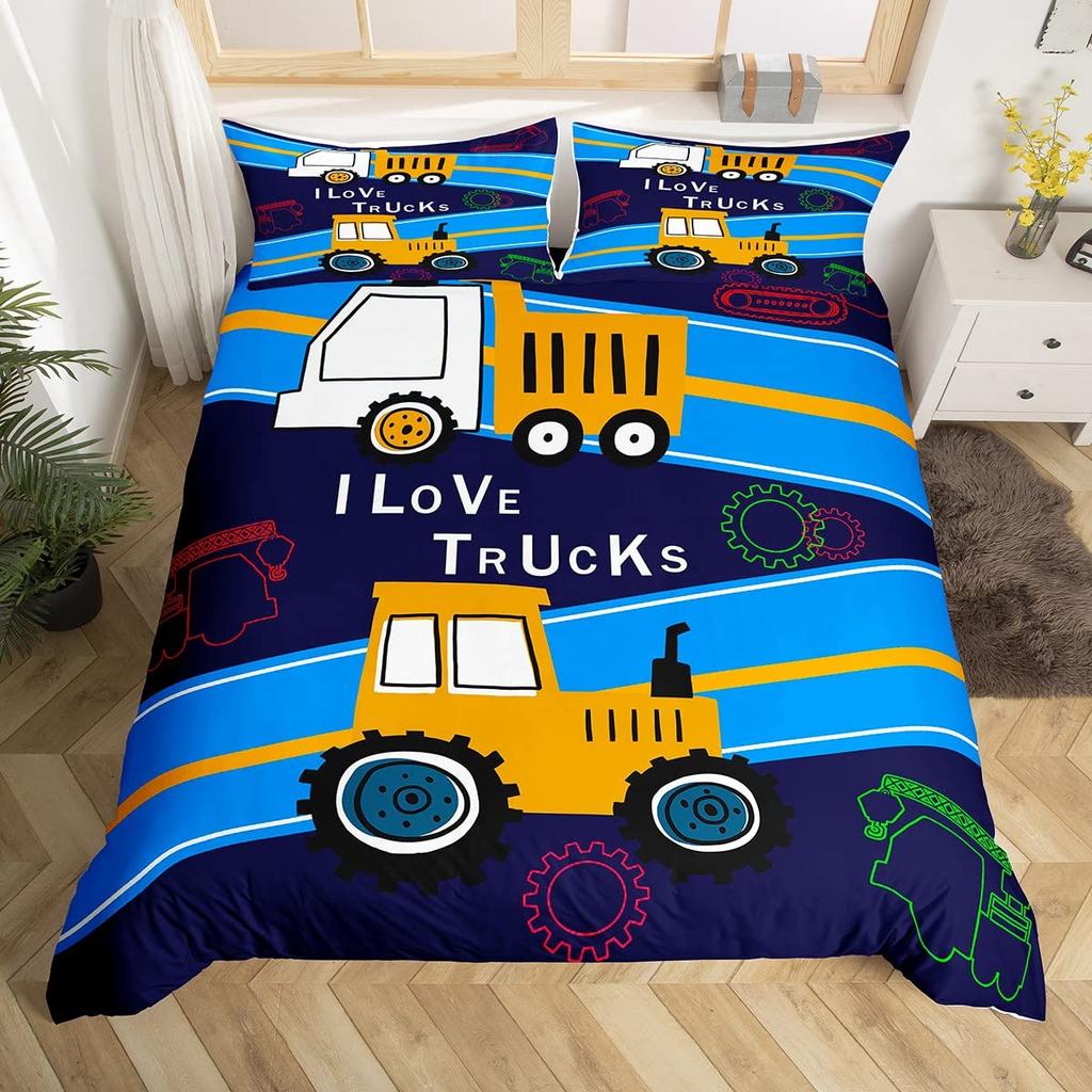 Kids Construction Trucks Duvet Cover King Size Boys Cartoon Car Excavator Tractor Bedding Set Highway Comforter