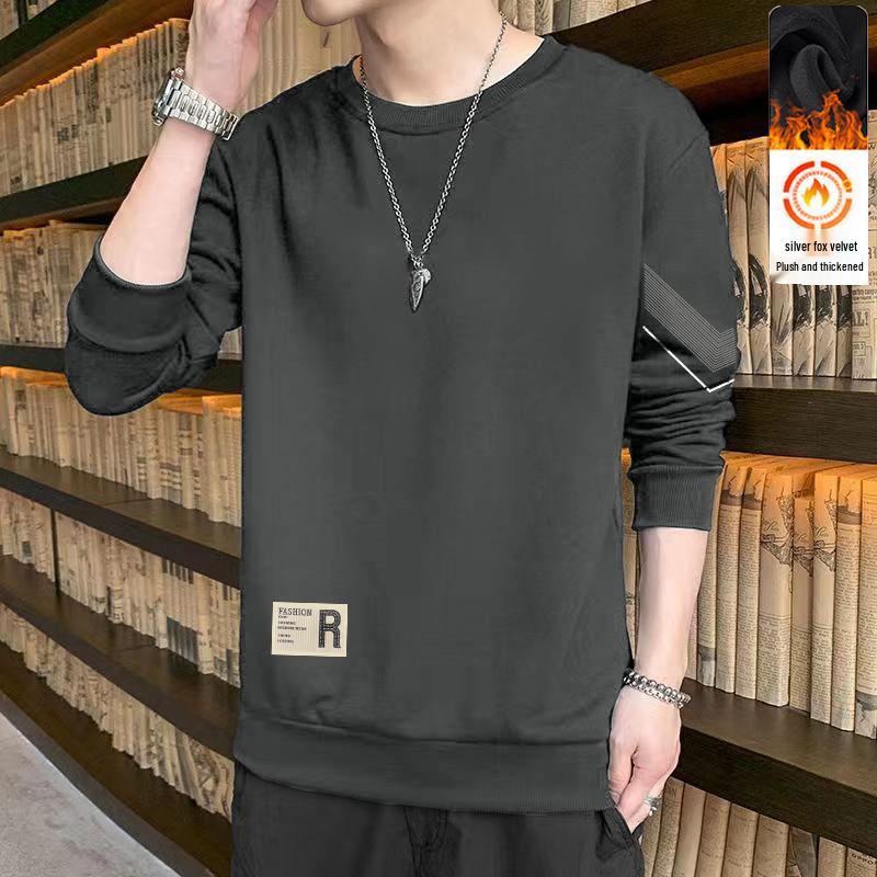 2025 Men's Versatile Trendy Thickened T-Shirt with Long Sleeves and Round Neck