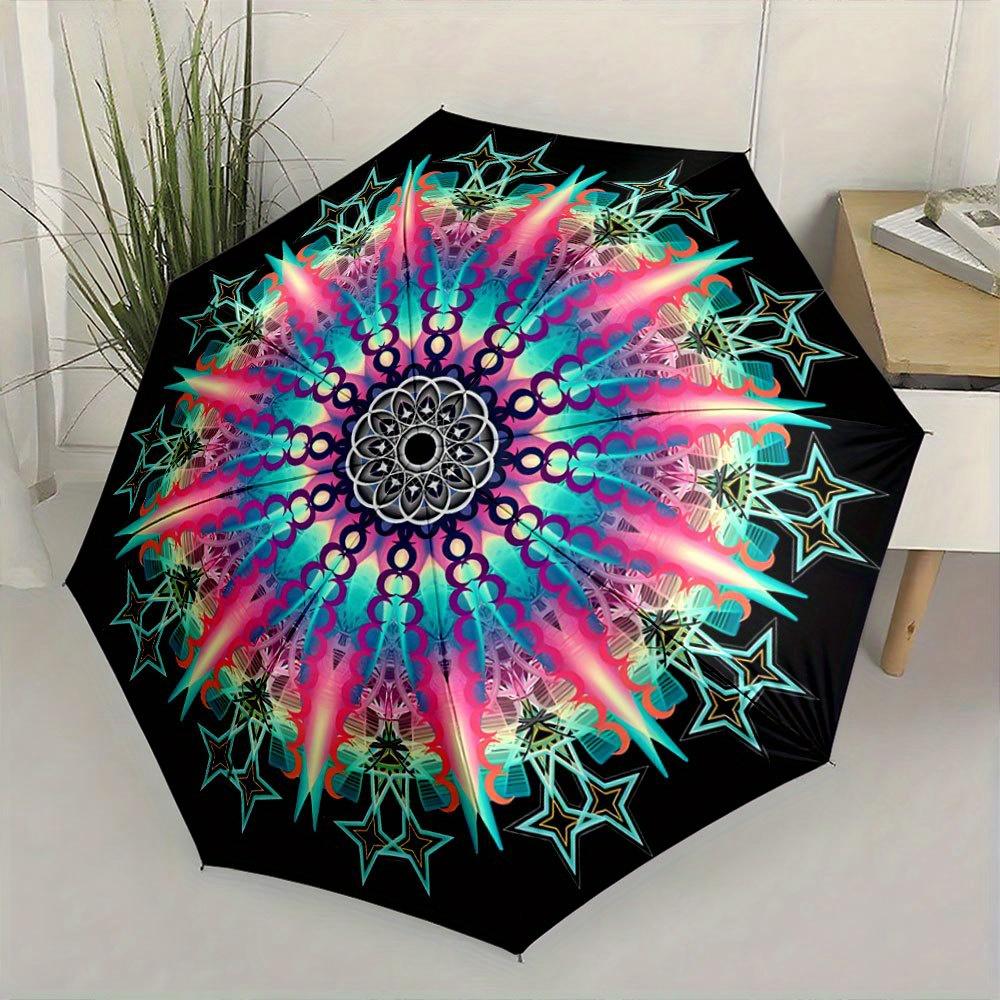 Folding Umbrella The Umbrella Displays Vibrant Patterns with Concentric Circles and Radiating Star Motifs, Resembling a Kaleid
