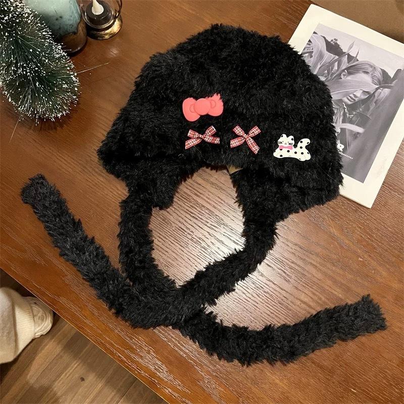 

Милая шапка-плюшевая шапка с кошкой и бантом для женщин, осенне-зимняя, для показа маленького лица, теплая, с защитой ушей, шапка для большого обхвата головы M（54-59cm） чёрный