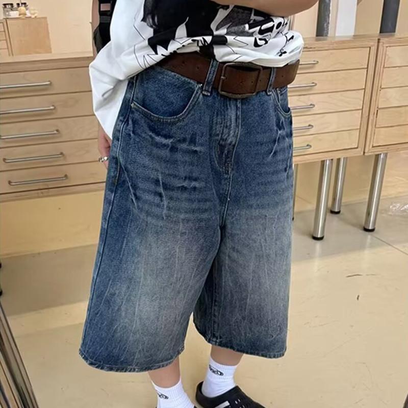 American rivet washed lightning pattern seven-point jeans men's and women's spring and summer tide brand loose couple old shorts