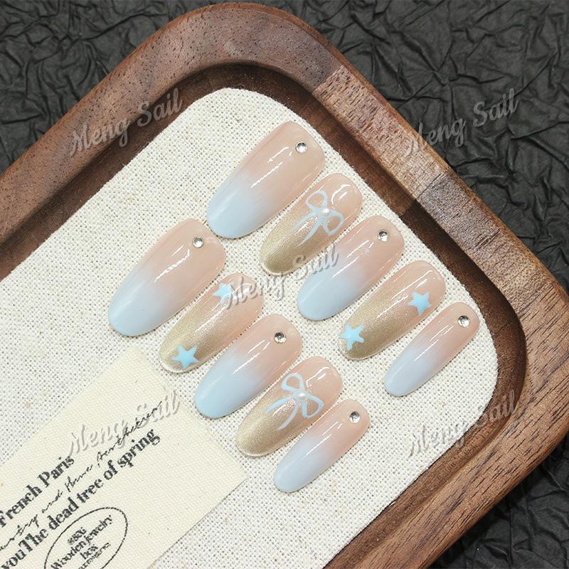 Ice Blue Stars Cat Eye Springtime Nails – Handmade, Wearable, Sweet and Cool. Extra Small