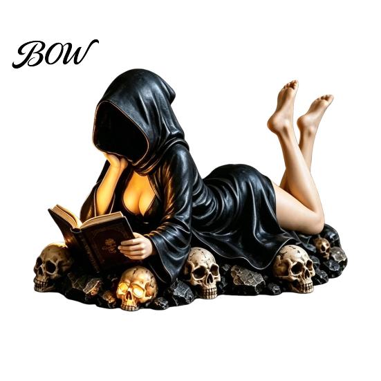 Arredamento per la Casa Dark Academy Statua di Lettore Gotico, Statuetta Scheletro con Cappuccio in Resina, Statuetta di Persona Seduta con Libro Stile Vintage per Libreria, Scrivania