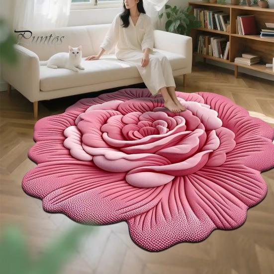 Sunflower Shaped Bath Mat Floor 3D Floral Design Non-Slip Dot-Embossed Backing Quick-Drying Large Rug Plush Carpet Soft Comfort Home Decor Moisture