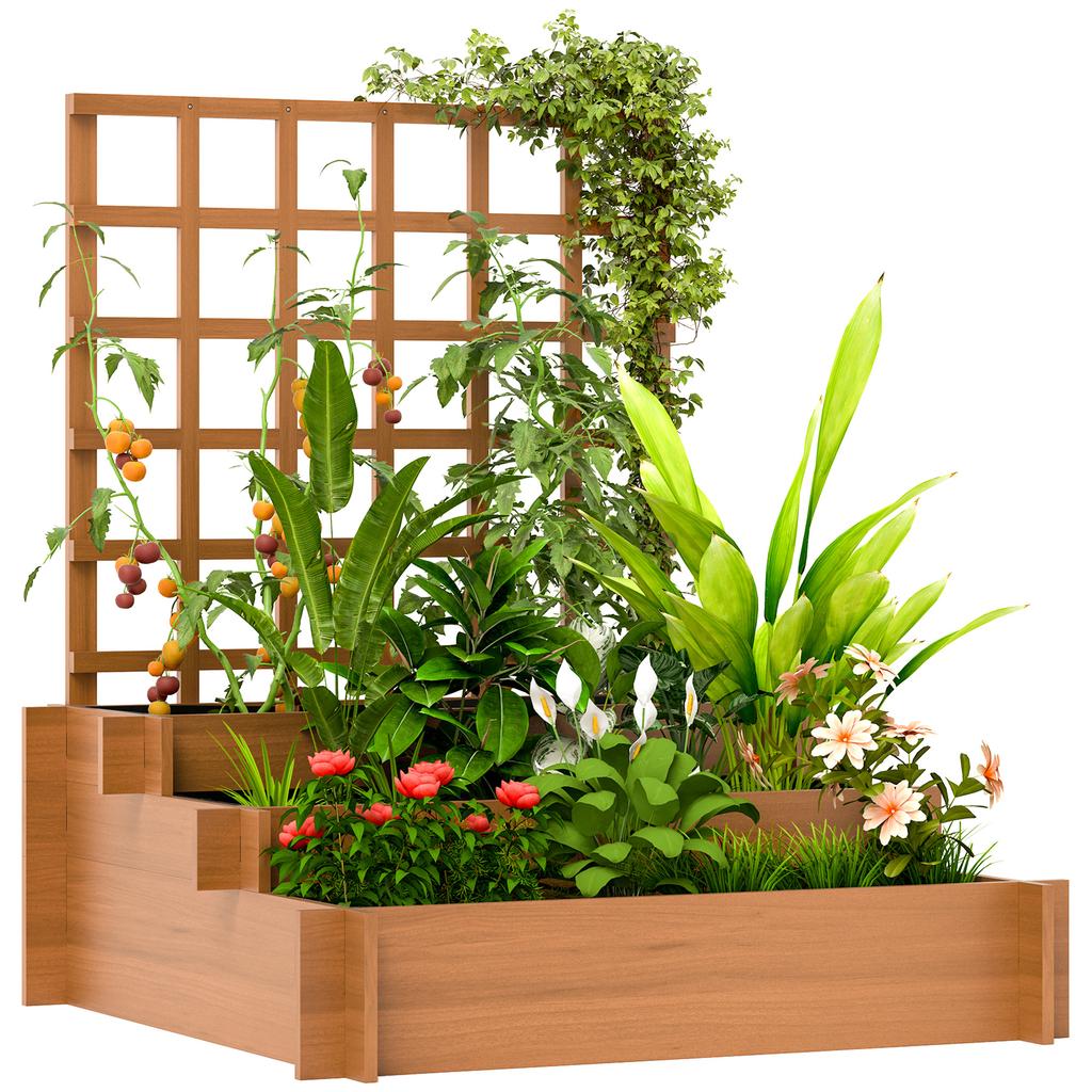 3 Tier Garden Planters with Trellis for Vine Climbing, Wooden Raised Beds, 95x95x110cm, Brown