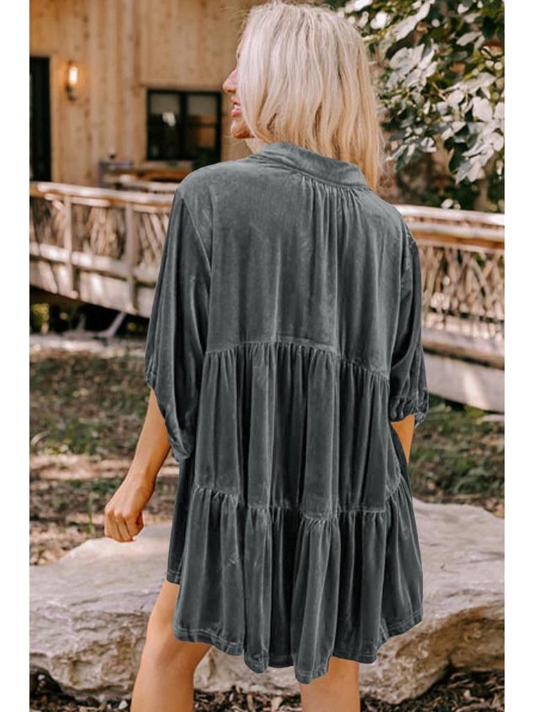 2025 Autumn Women's Solid Velvet Single-Breasted Pleated Long Sleeve Shirt - European and American Style