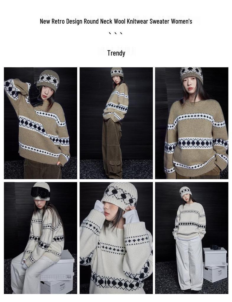 Meng Yi Women's Jacquard Wool Sweater: Autumn/Winter Loose Knitwear, Thick Round Neck