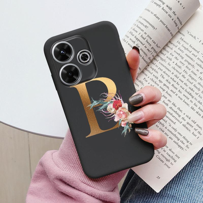 

Gold Letter Case For Redmi 13 13C 14C A3 4G Black Silicone Soft Back Cover Protector 6.79 Shockproof Funda Pink Flowers Shell Redmi 13 4G