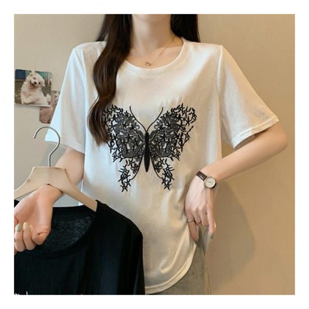 Navava Women S BuTTerfly Embroidery ShorT Sleeve Round Neck T ShirT nT1767