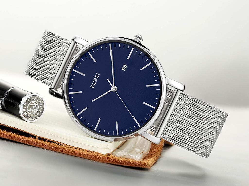BUREI Men's Waterproof Analog Business Watch Milanese Mesh Band Stylish Date Blue Silver