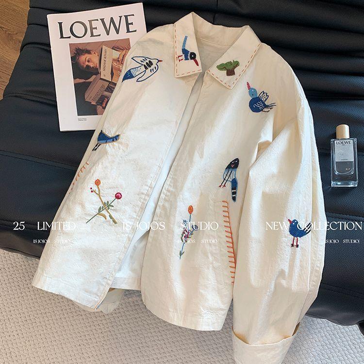 Vintage American Designer Flower Bird Embroidery Thin Jacket for Women, Spring Autumn Casual Loose Versatile Zip Daily Outerwear
