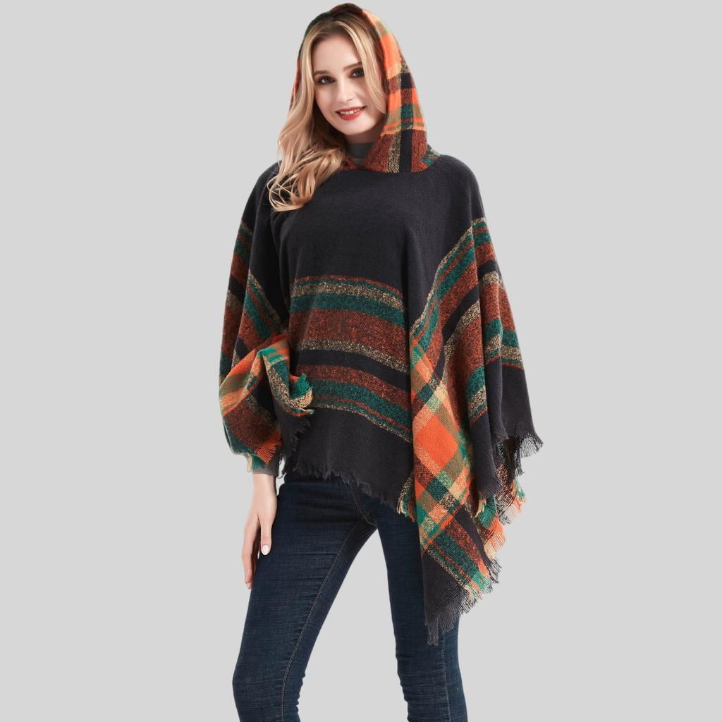 Women's Plaid Hooded Cape Ponchos Sweater Knitted Versatile Lightweight Warm Shawl Wrap Scarf Cape Poncho Pullover Cardigan Wrap Sweaters for Women