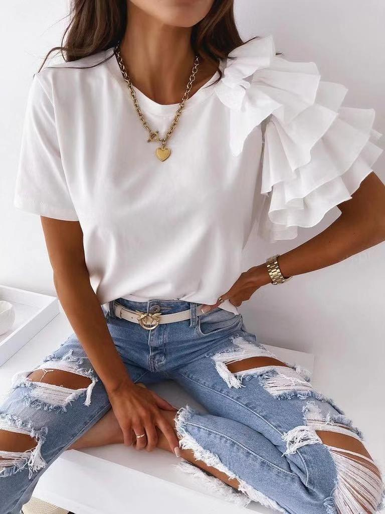 T-shirt estiva nuova stile, semplice, alla moda, a maniche corte con volant