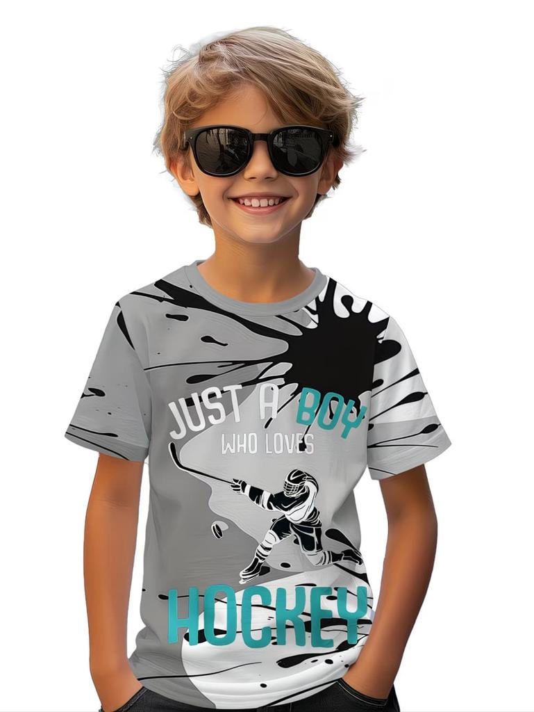 Junge, der Hockey liebt, Grafik-T-Shirt, Sommer-Kurzarm-T-Shirt für Kinder, Tägliches Lässiges Sport-Kinderkleidung, Oberteile, Kinderkleidung