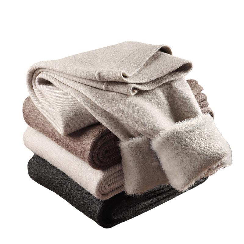 Men's Wool Fleece-Lined Warm Pants & Women's Faux Mink Cashmere Leggings: Winter High-Waisted Knitwear.