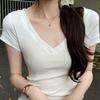 White Shoulder V-neck Short-sleeved T-shirt Women's Summer New Pure Desire Primer Slim and Thin Women's Top