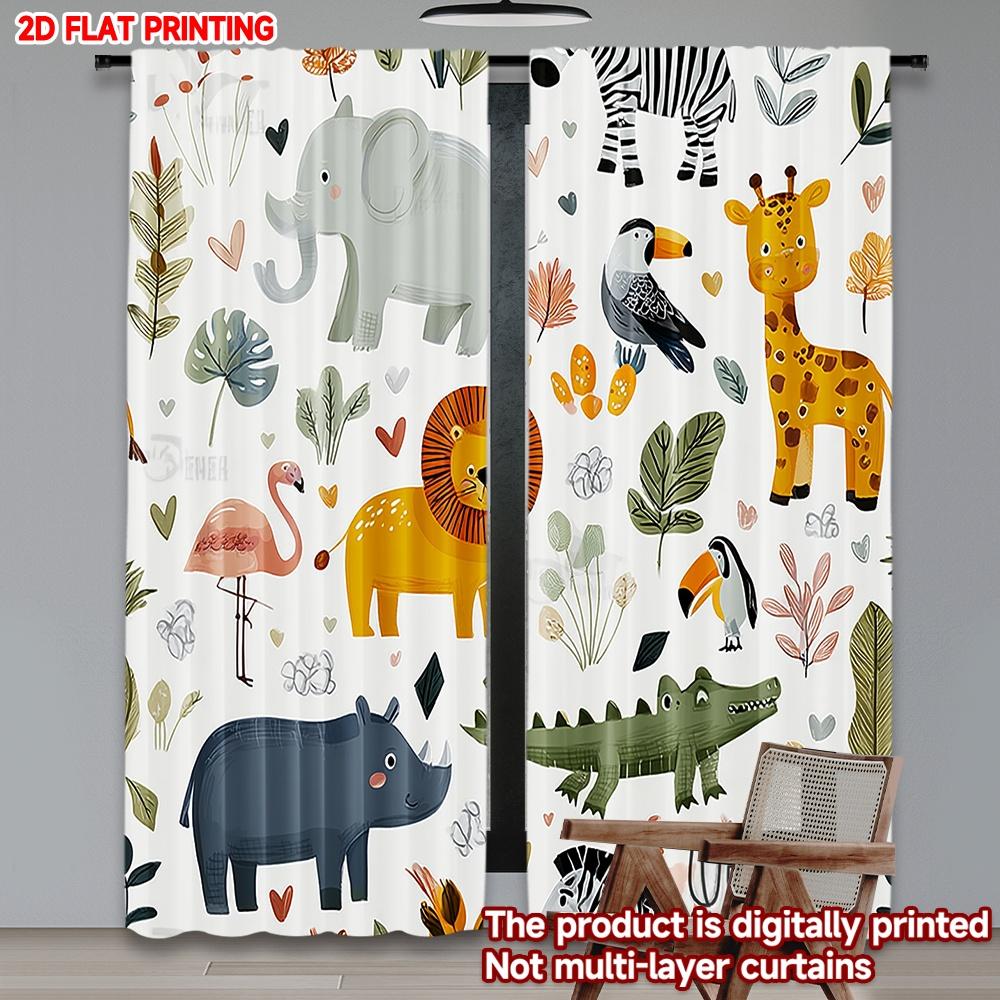 Set Of 2 Cartoon Animal Curtains Elephant Giraffe Lion Hippo Flamingo Toucan Crocodile Leaves Hearts Kids Room Decor Curtain Polyester Ideal For