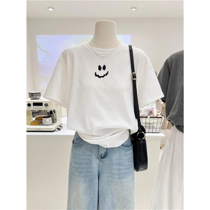 

Pure cotton spring and summer versatile simple smiley face gray loose and thin short-sleeved bottoming shirt T-shirt women s niche lazy S