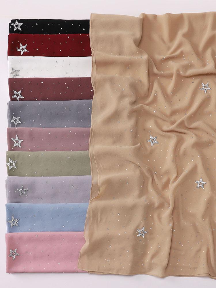 VigoAnne 2025 Lady Muslim Pentagram Hot Stamping Hijab Shawls Women Plain Scarf Chiffon Solid Islamic Turban Headband 175cm*70cm