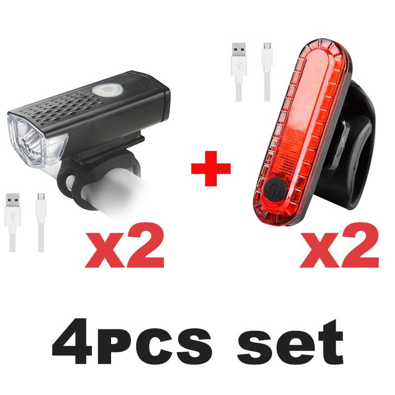 Bicycle Front Rear Light Set LED Rechargeable Head Light Taillight for Bike Night Cycling Riding Red Warning Tail Light 3 Modes