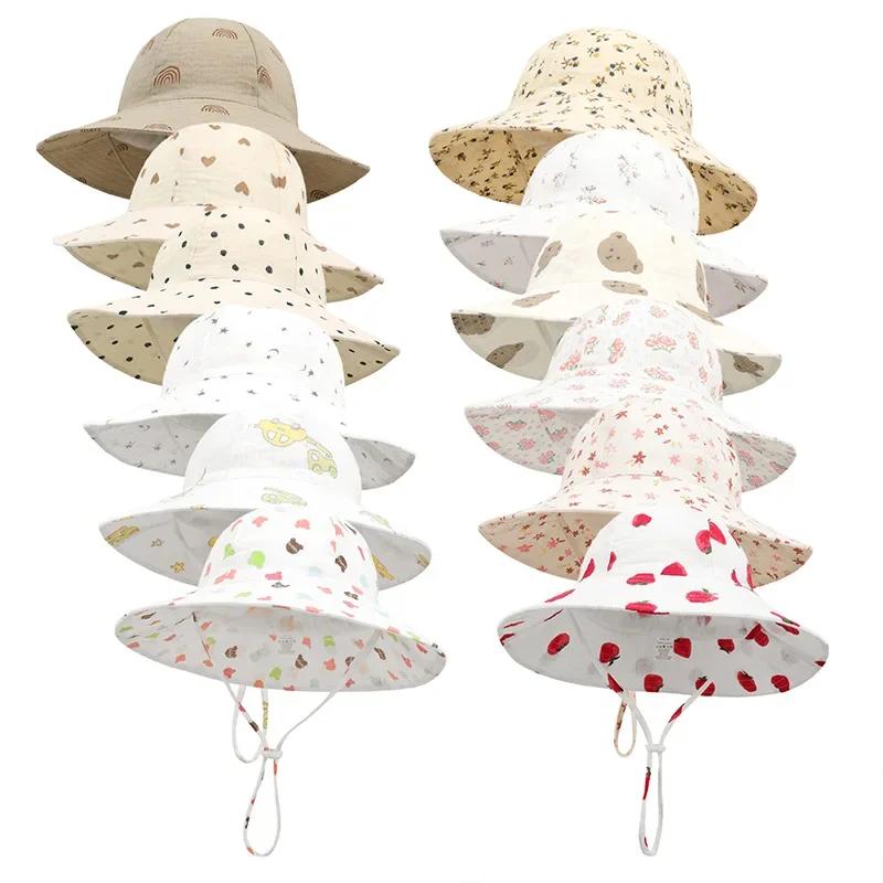 Adjustable Baby Summer Hat Muslin Children Panama Cap for Girls Boys 100% Cotton Kids Bucket Hat Outdoor Beach Infant Cap 1-3Y