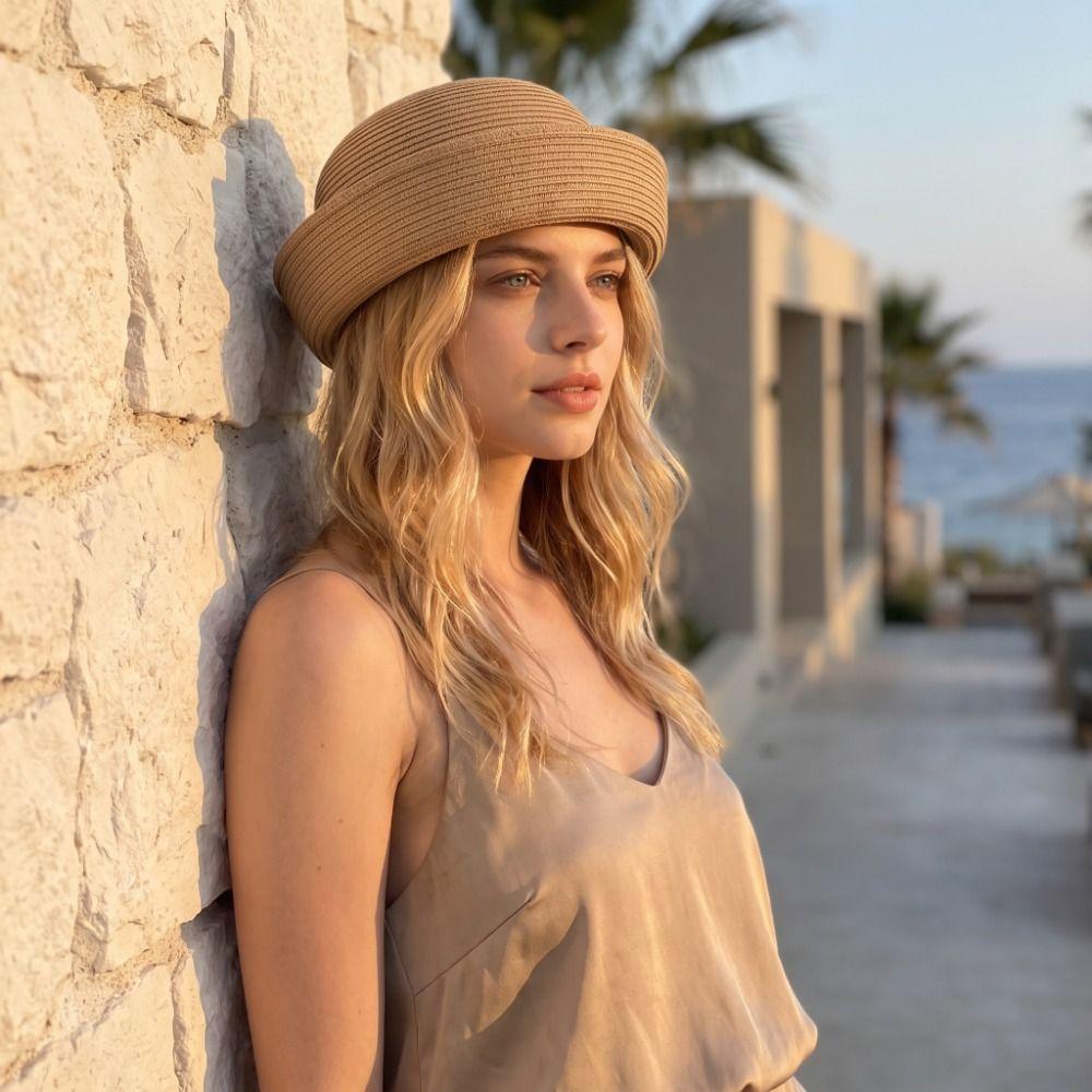 Elegant Straw Beret Hat Weave Fedora Hat New Flat Cap Beach Visor