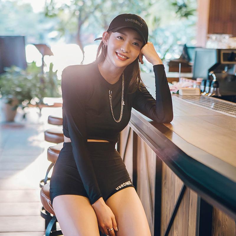 

2023 Корейский стиль Купальник с длинным рукавом и разрезом - Женский костюм для горячих источников, серфинга и дайвинга Extra Large чёрный