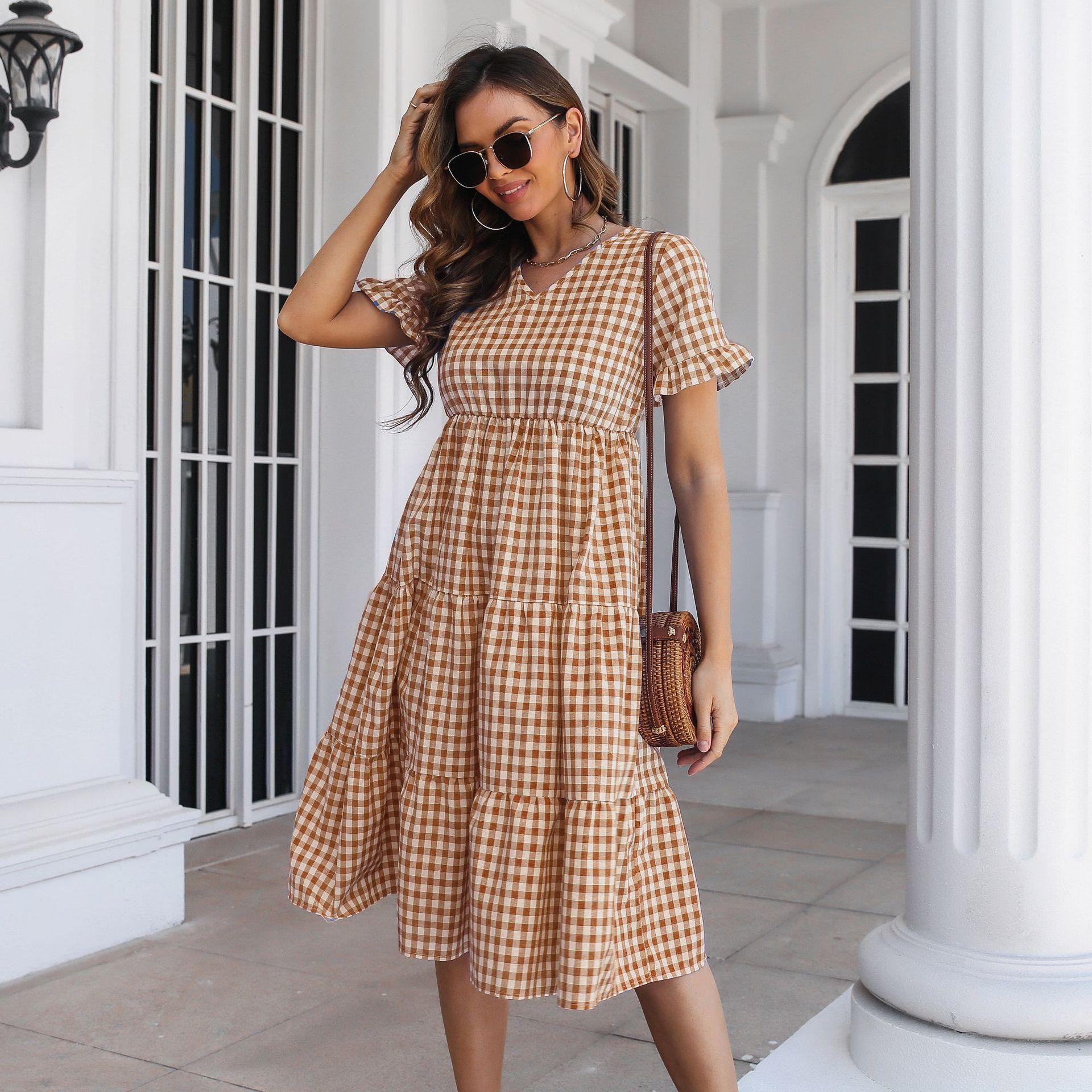 

GMXIA Женская мода лето весна клетчатый принт с коротким рукавом и v-образным вырезом с высокой талией повседневные платья XL кофейный