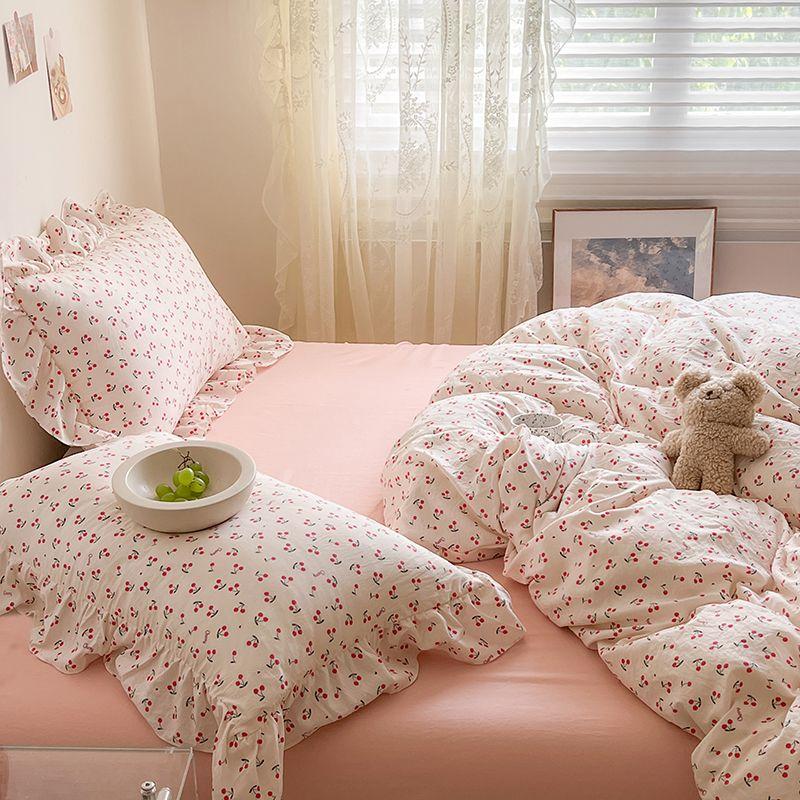 Ensemble de Literie Ins Girl Cœur Cerise Ensemble de Couette Double Couche Yann Rose Ensemble Quatre PIÈCES Simple Coton Lavé Drap Housse Drap Plat