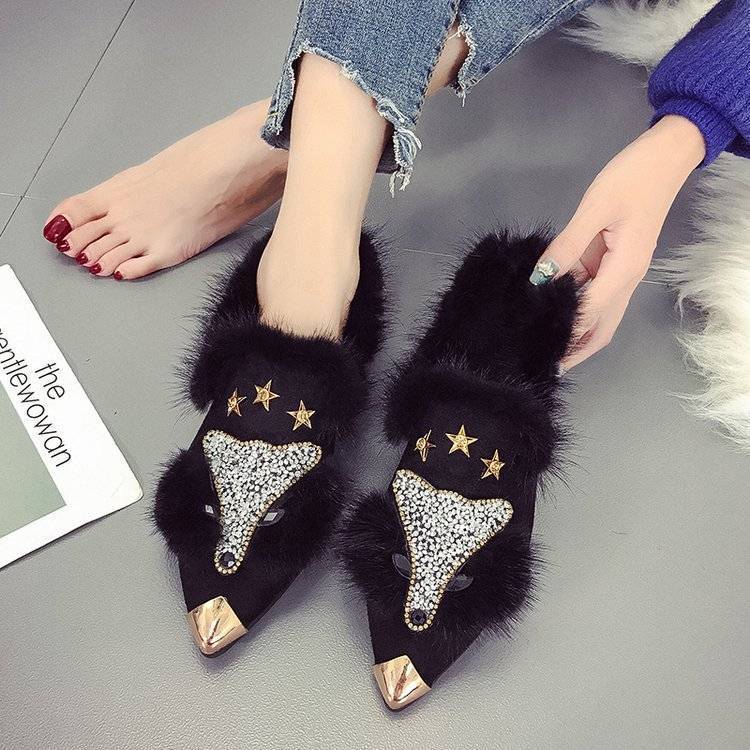 

Зима Velvet Fox Head Lazy Hairy Shoes Жіночі туфлі на одній педалі Жіночі товсті каблуки Короткі черевики 35