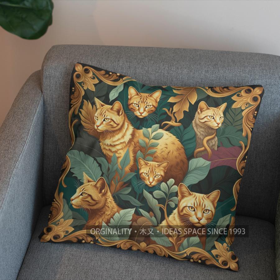 2D Cute Golden Cats With Leaves Pillow Cover Pattern Cushion Cover Suitable For Sofa Bedroom Car Pillow Cover