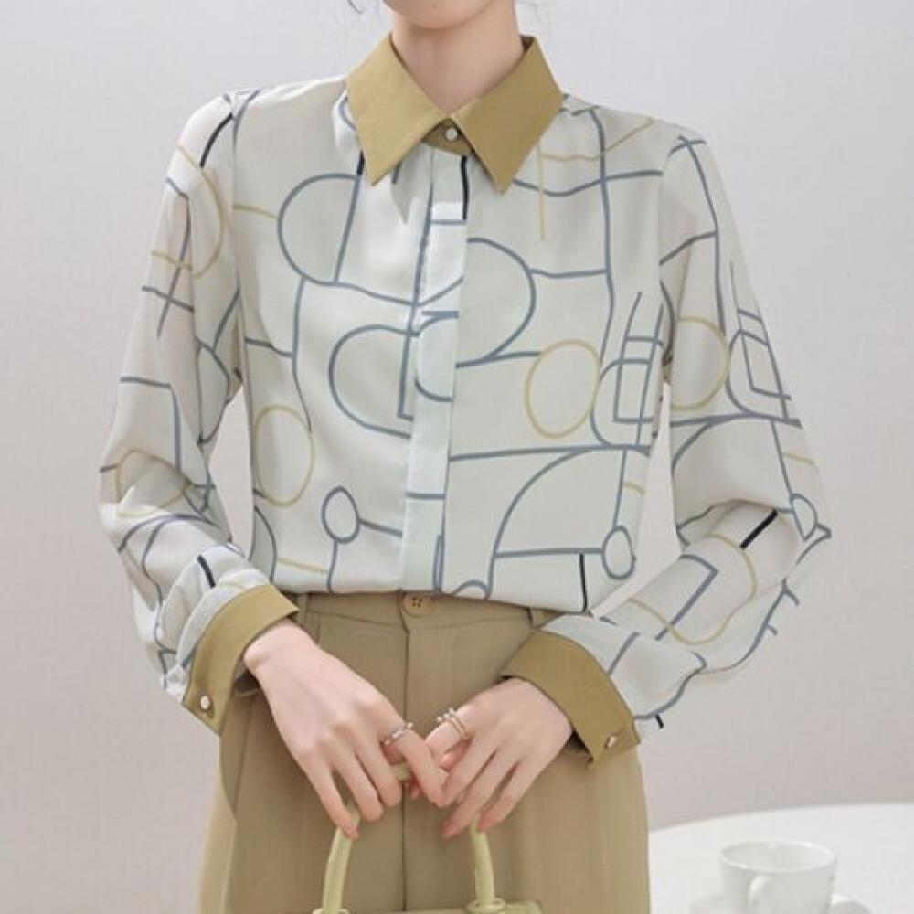 Navava Unisex Vintage Printing Pattern Long Sleeve Collar Shirt Nb2422