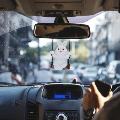 Swing Bunny Car Hangable Ornament Cartoon Rabbit Car Pendant Resin Animal Figurine Car Hangable Accessories Aesthetic Decoration