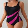 Costume da bagno intero da donna a blocchi di colore nero e blu, con scollo a V, senza maniche
