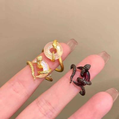 Yousheng Snake Wrapped Ring Adjustable Opening Ring Moon Decor Golden Alloy Retro Style Ring Finger Jewelry New Year Gift