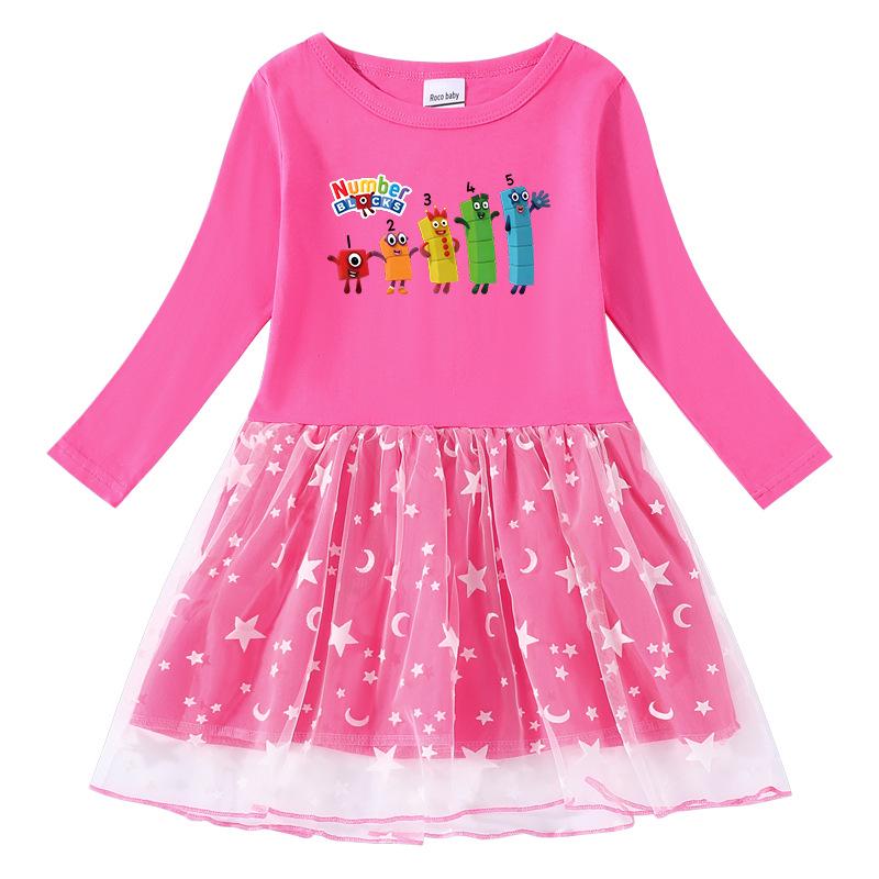 Kinderkleid im koreanischen Stil: Kurzarm Sommer oder Langarm Frühling/Herbst, Sterne Regenbogen Pailletten, Netz Falten Prinzessinnen Design.