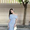 Off-the-shoulder Dress Women's Spring and Summer Waist and Thin Temperament Pleated Skirt French One-word Shoulder Sexy Small Dress Long Dress
