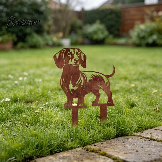 Niedliche Hundeblumenbeet-Dekoration Metall-Dackel-Gartenspieß, Rostige Tier-Silhouette Dekorative Hofspieße Kunst für Draußen Rasen, Weg, Terrasse, Skulptur