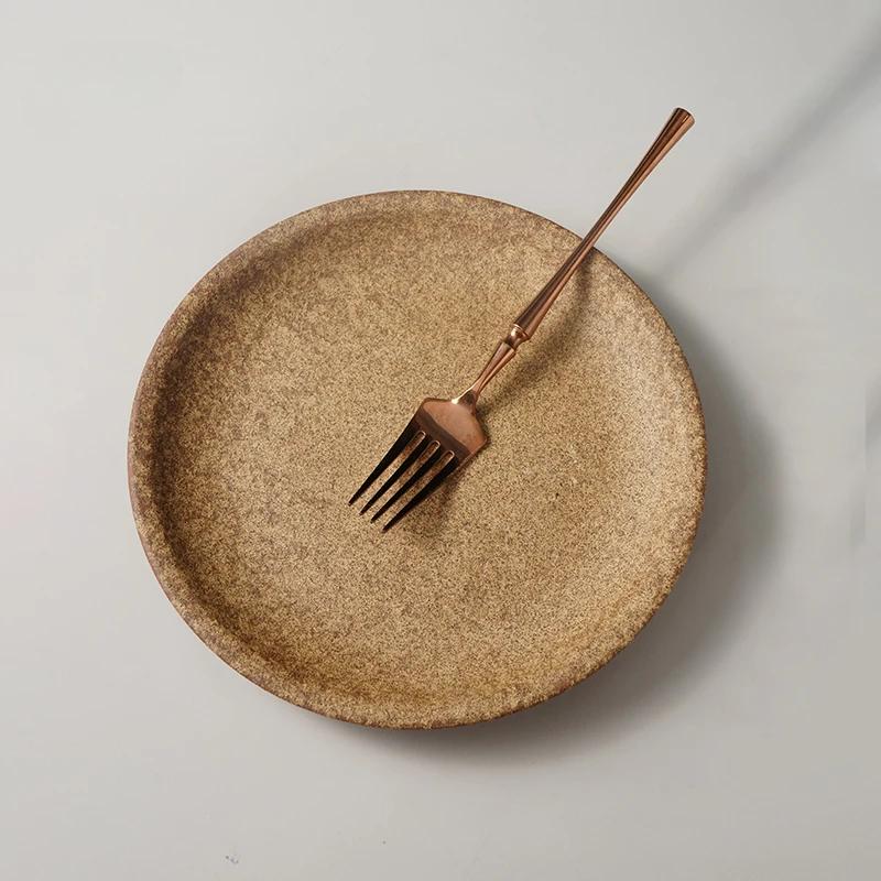 

Retro Frosted Brown Shallow Dish Restaurant with Round Artistic Conception Western Food Steak Pasta Plate Exquisite Tableware