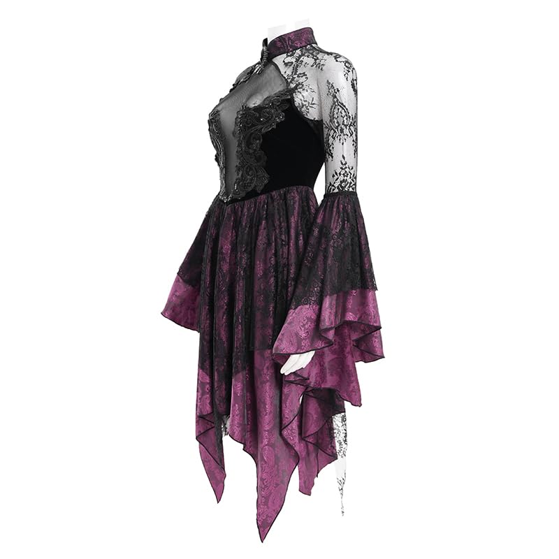 Gothic Lace Sheer Dress with Chinese Collar and Back Lace-Up, Irregular Hem, Perfect for Halloween Cosplay (JP, Alphabet, Small)