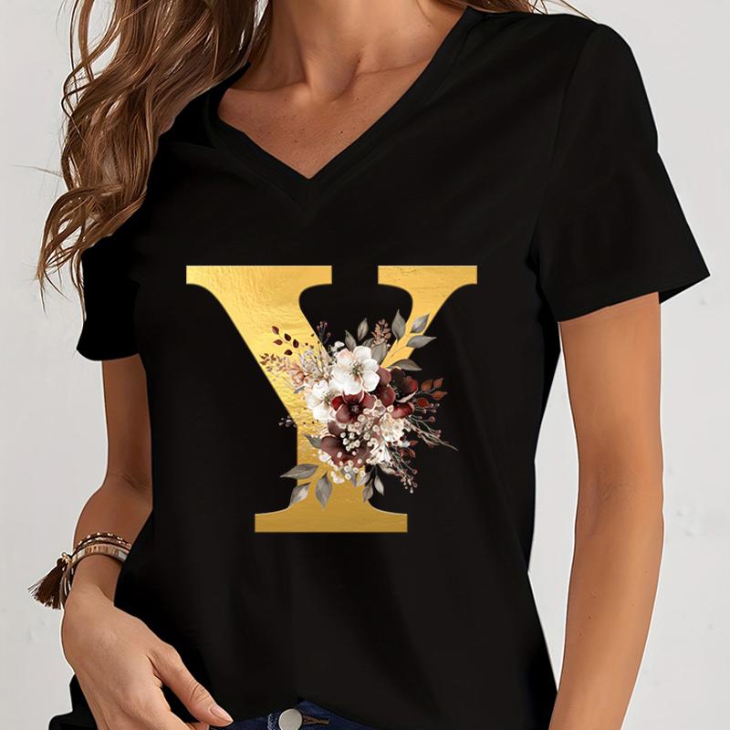 Vintage Flower Alphabet Graphic T Shirts Women Alphabet Rose Gold Essential Women Clothing Gift for Alphabet Floral Lover Tshirt S