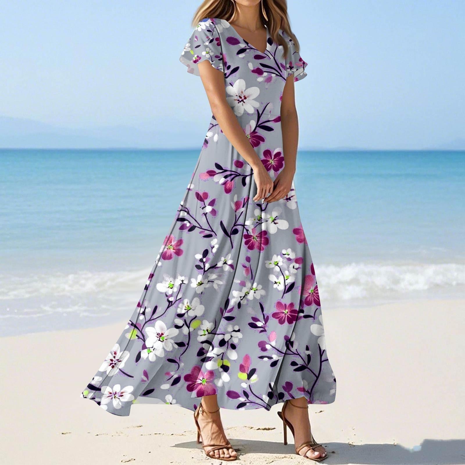 

Женские летние модные повседневные платья с цветочным принтом, платья с V-образным вырезом и коротким рукавом XXL