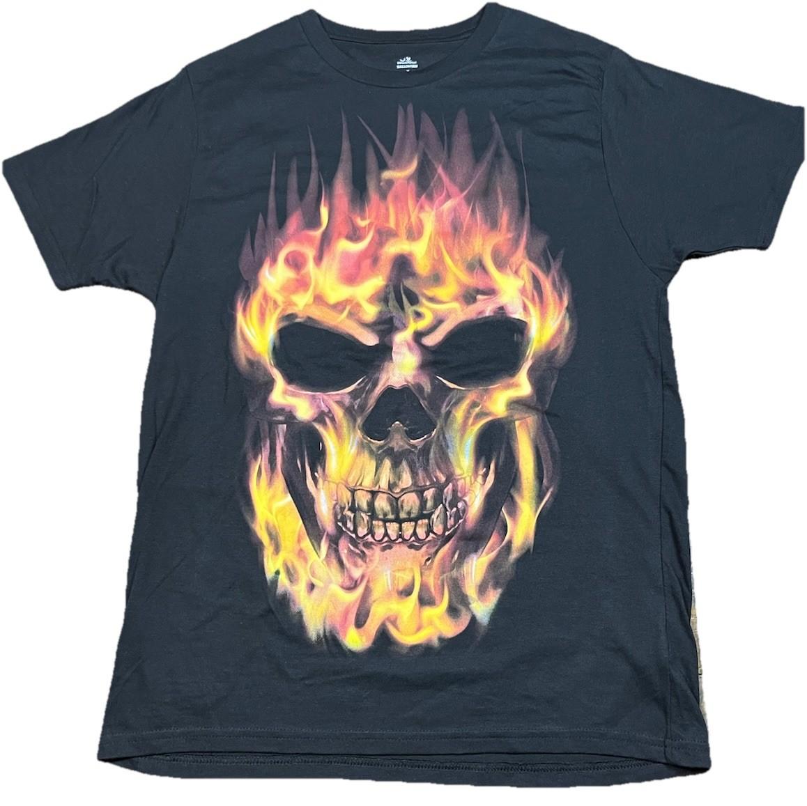 Way to Celebrate Black Flaming Skull Graphic Print Biker T-Shirt Mens Medium Unisex T-Shirt XXL