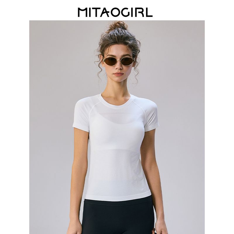 Mitaogirl Kendall Sports Tops Women's Breathable Quick-Drying Workout Clothes Running Fitness Yoga Shoulder White T-shirt