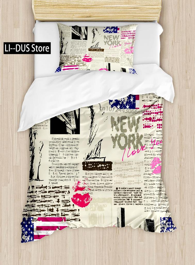 New York Duvet Cover Set, Skyline Print Decorative 3 Piece Bedding Set with 2 Pillow Shams, Twin Full Queen King Size Room Decor