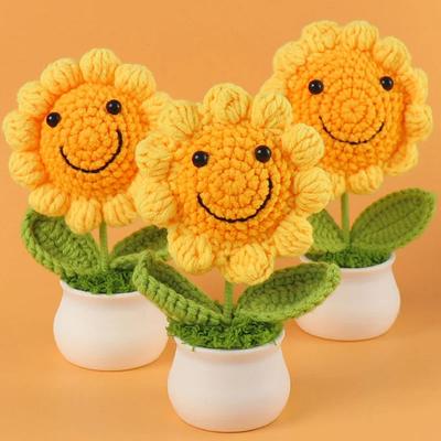 1PCS Creative Artificial Flowers Cute Crochet SunFlower Pots Knitted Flower Handmade Gift Home Wedding Guest Gifts Desktop Decor