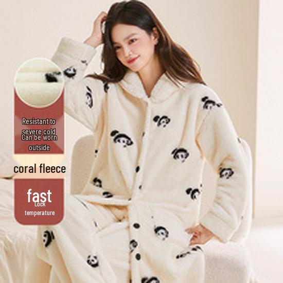 Women's Coral Fleece Long Bathrobe - 2025 Autumn/Winter, Warm & Simple Solid Color Homewear