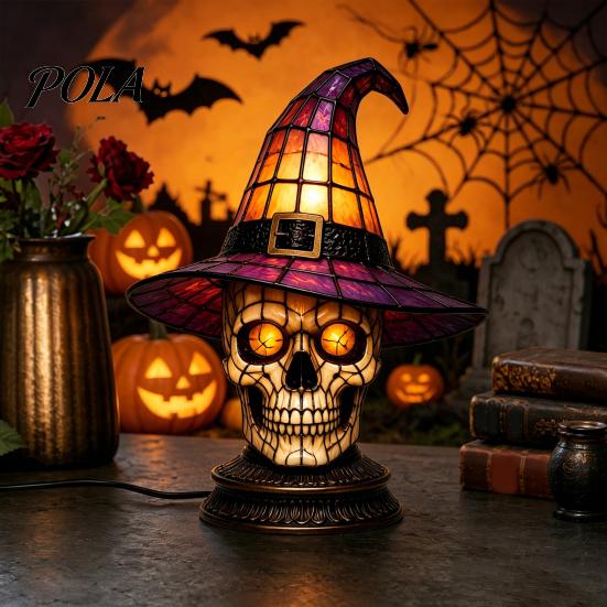 Decorative Bedside Lamp Stained Glass Witch Hat Lamp, Halloween Black Cat Ghost Raven Night Atmosphere Light for Movies Light, Gothic Retro