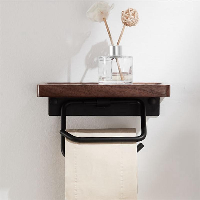AD23-Double Paper Holder With Shelf Wood Wall Mounted WC Holders Toilet Paper Towel Rack For Bathroom Kitchen